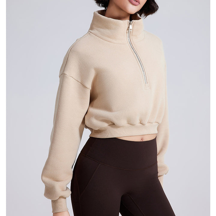 Fleece-lined Stand Collar Half Zip Female Loose Sports Jacket