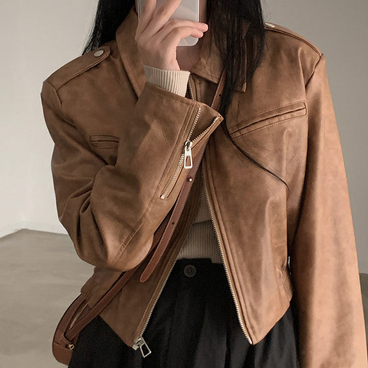 Women's Retro Hong Kong Style Lapel Long-sleeved Leather Jacket
