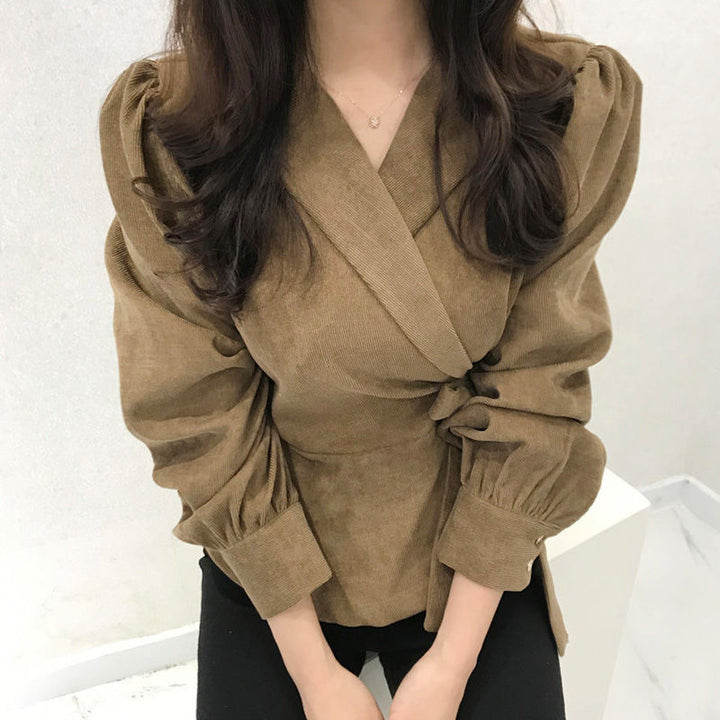 Women's Fashionable Side Lace-up Waist Puff Sleeve Shirt Top
