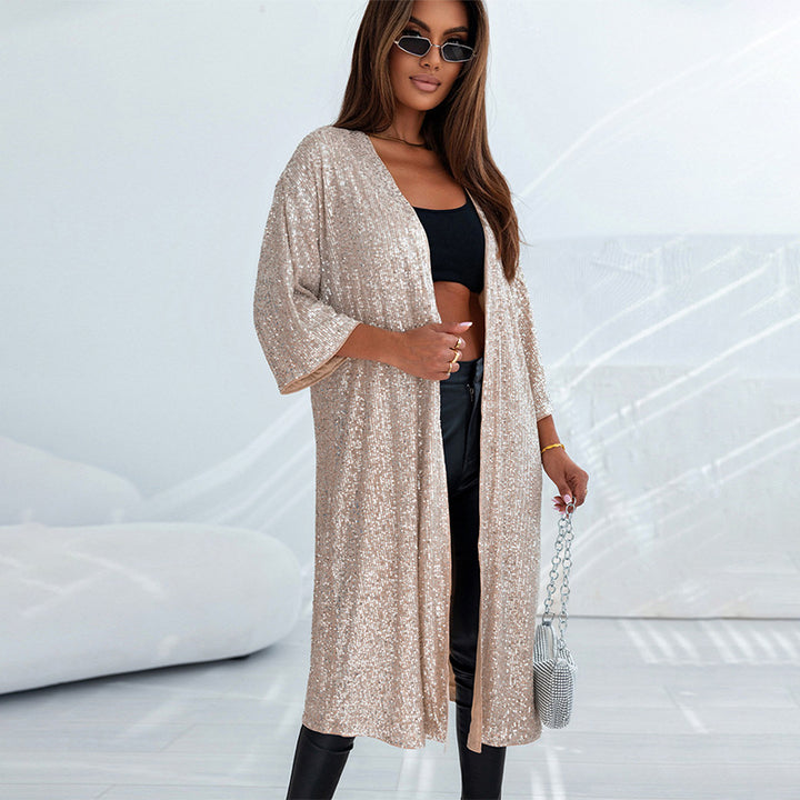 Women's Sequined Cardigan 34 Sleeve Casual Thin Coat Top