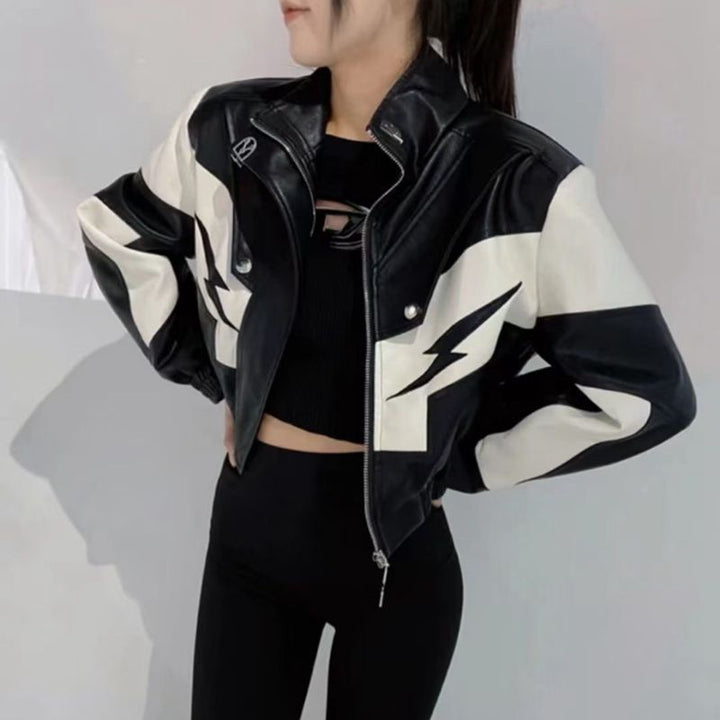 Women's Fashion Temperament Color Matching Leather Coat