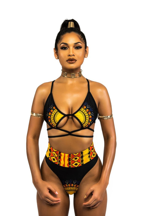 African Print Two-Pieces Bath Suits Bikini Set Sexy Geometric Swimwear Swimsuit Golden High Waist Swimming Suit