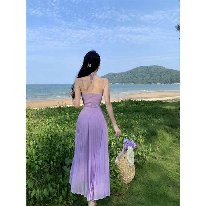 Purple Pleated Women's Backless Sling Dress Waist Slimming Slim Fit