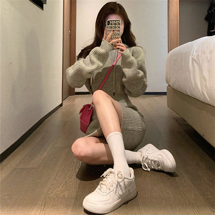 Gray Knitted Sweater Small French Style Tight Waist Slimming Hooded Sweatshirt Skirt Ladies