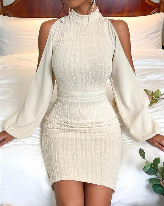 Jacquard Fabric Long Sleeve Off-shoulder Turtleneck Tight Dress