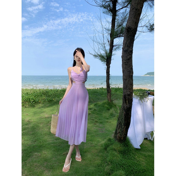 Purple Pleated Women's Backless Sling Dress Waist Slimming Slim Fit
