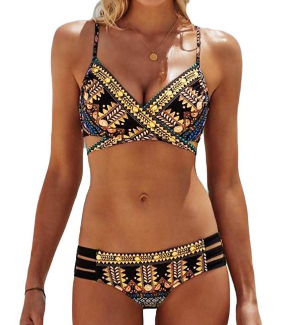 Chest cross straps ethnic style print sexy bikini bikini swimsuit