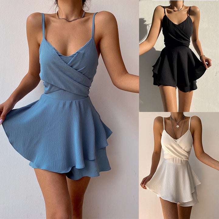 Summer New Women's Solid Color Suspenders Fitted Waist Backless Dress