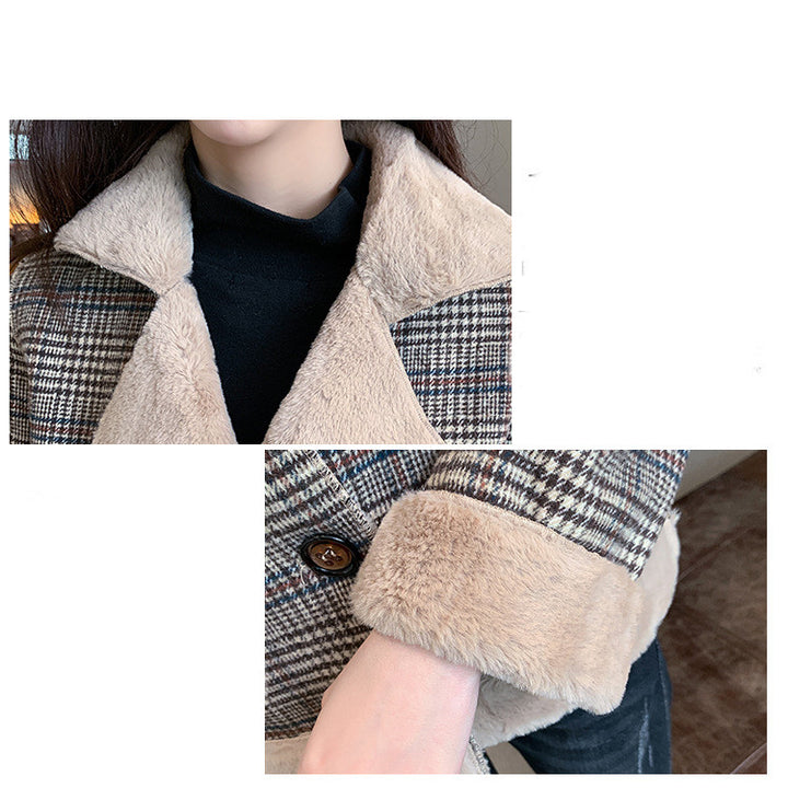 Autumn And Winter Tide All-match Thick Plaid Woolen Fur