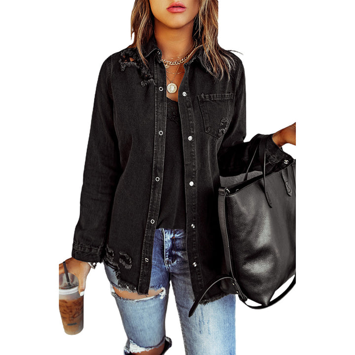 Black Ripped Shirt Denim Long Sleeve Coat Jacket Women