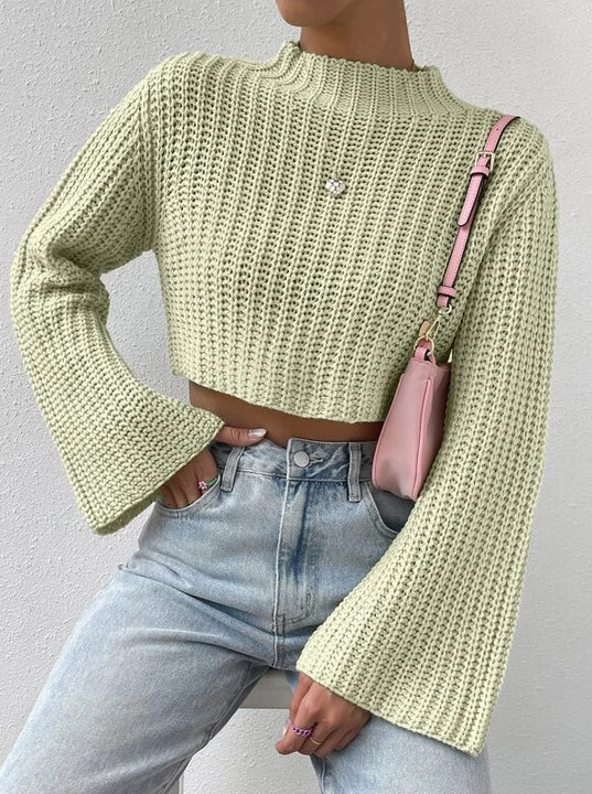Pure Color All-matching High Waist Short Bell Sleeve Mock Neck Sweater Ladies