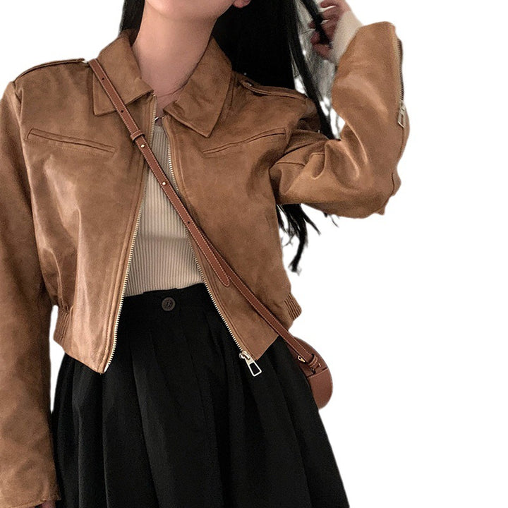 Women's Retro Hong Kong Style Lapel Long-sleeved Leather Jacket