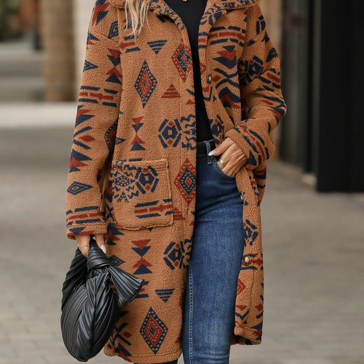 European And American Single-breasted Ethnic Print Plush Long Overcoat Outerwear