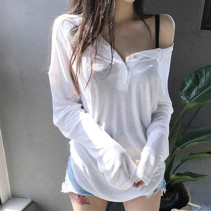 Off-the-shoulder Western Style Basic Solid Color Loose Comfortable Long Sleeve Shirt For Women